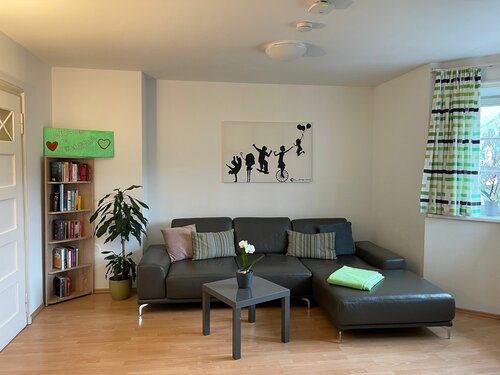 Wohnzimmer mit grauer Couch
